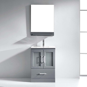 Virtu USA MS-6724-C-GR-001 Zola 24" Single Bath Vanity in Grey with Slim White Ceramic Top and Square Sink with Brushed Nickel Faucet and Mirror