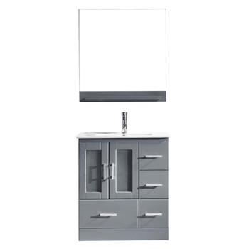 Virtu USA MS-6730-C-GR-001 Zola 30" Single Bath Vanity in Grey with Slim White Ceramic Top and Square Sink with Brushed Nickel Faucet and Mirror