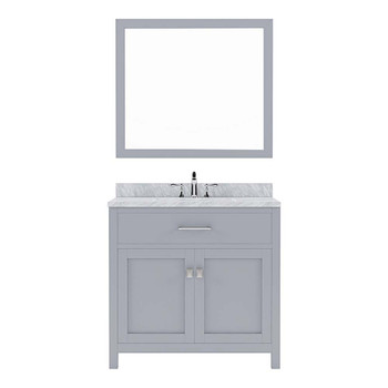 Virtu USA MS-2036-WMSQ-GR-002 Caroline 36" Single Bath Vanity in Grey with Marble Top and Square Sink with Polished Chrome Faucet and Mirror