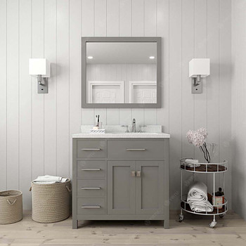 Virtu USA MS-2136L-DWQRO-CG Caroline Parkway 36" Single Bath Vanity in Cashmere Grey with Dazzle White Top and Round Sink with Mirror