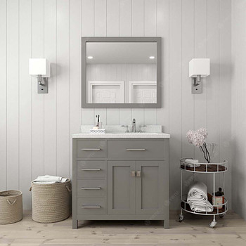 Virtu USA MS-2136L-DWQRO-CG-001 Caroline Parkway 36" Single Bath Vanity in Cashmere Grey with Dazzle White Top and Round Sink with Brushed Nickel Faucet and Mirror