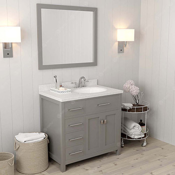 Virtu USA MS-2136L-DWQRO-CG-002 Caroline Parkway 36" Single Bath Vanity in Cashmere Grey with Dazzle White Top and Round Sink with Polished Chrome Faucet and Mirror