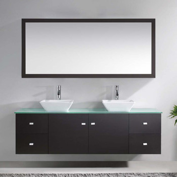 Virtu USA MD-409-G-ES Clarissa 72" Double Bath Vanity in Espresso with Aqua Tempered Glass Top and Square Sink with Polished Chrome Faucet and Mirrors