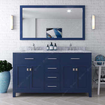 Virtu USA MD-2060-WMRO-FB Caroline 60" Double Bath Vanity in White with White Marble Top and Round Sink with Mirror