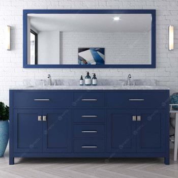 Virtu USA MD-2072-WMRO-FB-001 Caroline 72" Double Bath Vanity in White with White Marble Top and Round Sink with Brushed Nickel Faucet and Mirror