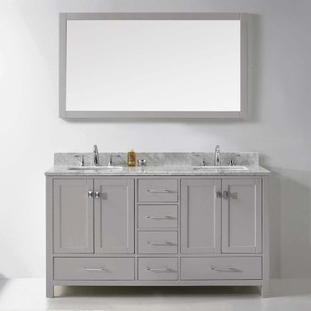 Virtu USA GD-50060-WMSQ-CG-001 Caroline Avenue 60" Double Bath Vanity in Cashmere Grey with Marble Top and Square Sink with Brushed Nickel Faucet and Mirror
