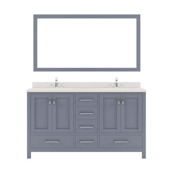 Virtu USA GD-50060-DWQRO-GR Caroline Avenue 60" Double Bath Vanity in Grey with Dazzle White Top and Round Sink with Mirror