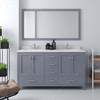 Virtu USA GD-50060-DWQRO-GR-001 Caroline Avenue 60" Double Bath Vanity in Grey with Dazzle White Top and Round Sink with Brushed Nickel Faucet and Mirror