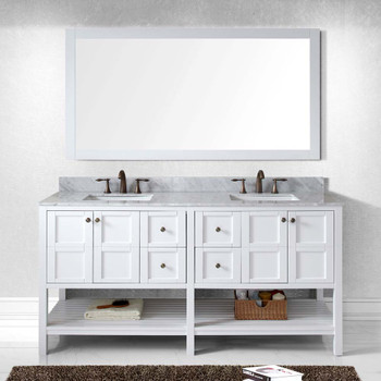 Virtu USA ED-30072-WMSQ-WH-002 Winterfell 72" Double Bath Vanity in White with Marble Top and Square Sink with Polished Chrome Faucet and Mirror