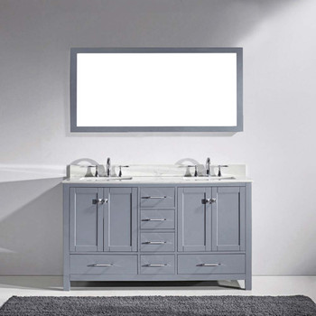 Virtu USA GD-50060-WMSQ-GR-002 Caroline Avenue 60" Double Bath Vanity in Grey with Marble Top and Square Sink with Polished Chrome Faucet and Mirror