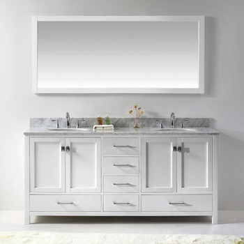 Virtu USA GD-50072-WMRO-WH-002 Caroline Avenue 72" Double Bath Vanity in White with Marble Top and Round Sink with Polished Chrome Faucet and Mirror
