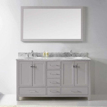 Virtu USA GD-50060-WMRO-CG-001 Caroline Avenue 60" Double Bath Vanity in Cashmere Grey with Marble Top and Round Sink with Brushed Nickel Faucet and Mirror