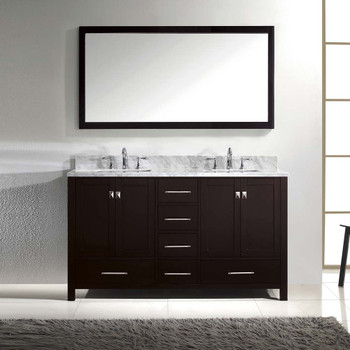 Virtu USA GD-50060-WMSQ-ES-001 Caroline Avenue 60" Double Bath Vanity in Espresso with Marble Top and Square Sink with Brushed Nickel Faucet and Mirror