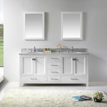 Virtu USA GD-50072-WMRO-WH-020 Caroline Avenue 72" Double Bath Vanity in White with Marble Top and Round Sink with Mirrors