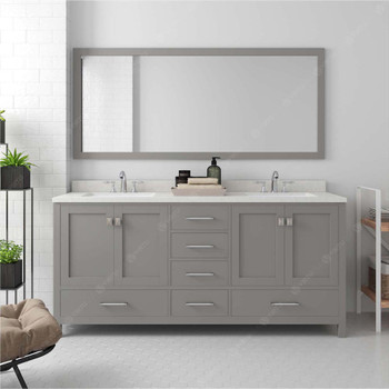 Virtu USA GD-50072-DWQSQ-CG-002 Caroline Avenue 72" Double Bath Vanity in Cashmere Grey with Dazzle White Top and Square Sink with Polished Chrome Faucet and Mirror