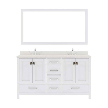 Virtu USA GD-50060-DWQRO-WH Caroline Avenue 60" Double Bath Vanity in White with Dazzle White Top and Round Sink with Mirror