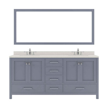 Virtu USA GD-50072-DWQRO-GR-001 Caroline Avenue 72" Double Bath Vanity in Grey with Dazzle White Top and Round Sink with Brushed Nickel Faucet and Mirror