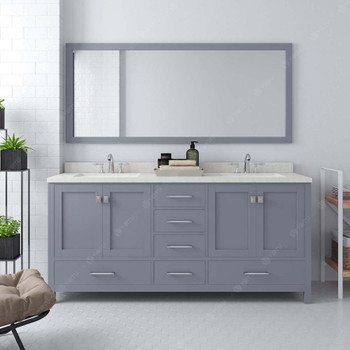 Virtu USA GD-50072-DWQRO-GR-002 Caroline Avenue 72" Double Bath Vanity in Grey with Dazzle White Top and Round Sink with Polished Chrome Faucet and Mirror