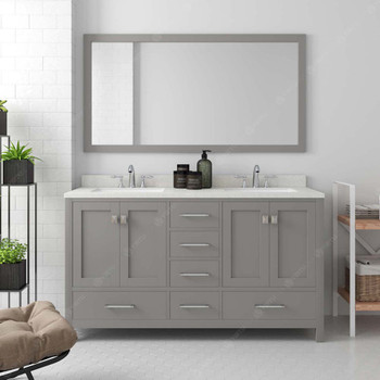 Virtu USA GD-50060-DWQSQ-CG-002 Caroline Avenue 60" Double Bath Vanity in Cashmere Grey with Dazzle White Top and Square Sink with Polished Chrome Faucet and Mirror