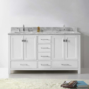 Virtu USA GD-50060-WMSQ-WH-NM Caroline Avenue 60" Double Bath Vanity in White with Marble Top and Square Sink