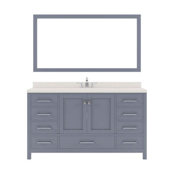 Virtu USA GS-50060-DWQRO-GR Caroline Avenue 60" Single Bath Vanity in Grey with Dazzle White Top and Round Sink with Mirror