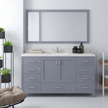 Virtu USA GS-50060-DWQRO-GR Caroline Avenue 60" Single Bath Vanity in Grey with Dazzle White Top and Round Sink with Mirror