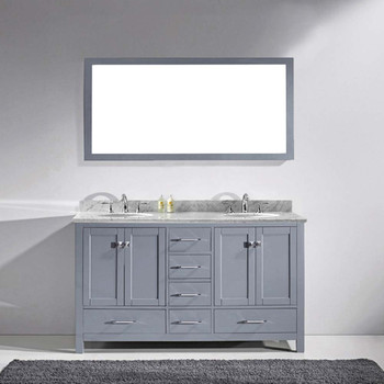 Virtu USA GD-50060-WMRO-GR Caroline Avenue 60" Double Bath Vanity in Grey with Marble Top and Round Sink with Mirror