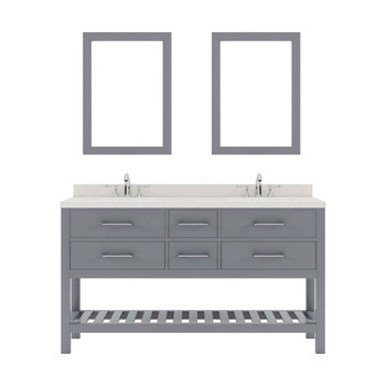 Virtu USA MD-2260-DWQRO-GR-001 Caroline Estate 60" Double Bath Vanity in Grey with Dazzle White Top and Round Sink with Brushed Nickel Faucet and Mirrors