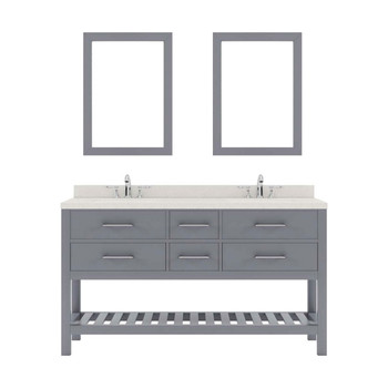 Virtu USA MD-2260-DWQRO-GR-002 Caroline Estate 60" Double Bath Vanity in Grey with Dazzle White Top and Round Sink with Polished Chrome Faucet and Mirrors