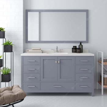 Virtu USA GS-50060-DWQSQ-GR Caroline Avenue 60" Single Bath Vanity in Grey with Dazzle White Top and Square Sink with Mirror