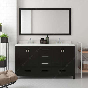 Virtu USA GD-50060-DWQSQ-ES Caroline Avenue 60" Double Bath Vanity in Espresso with Dazzle White Top and Square Sink with Mirror