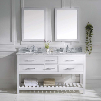 Virtu USA MD-2260-WMRO-WH Caroline Estate 60" Double Bath Vanity in White with Marble Top and Round Sink with Mirrors