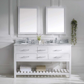 Virtu USA MD-2260-WMRO-WH-001 Caroline Estate 60" Double Bath Vanity in White with Marble Top and Round Sink with Brushed Nickel Faucet and Mirrors