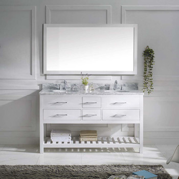 Virtu USA MD-2260-WMRO-WH-010 Caroline Estate 60" Double Bath Vanity in White with Marble Top and Round Sink with Mirror