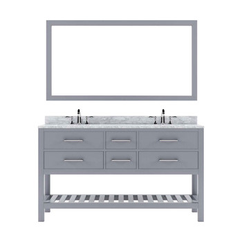 Virtu USA MD-2260-WMSQ-GR-012 Caroline Estate 60" Double Bath Vanity in Grey with Marble Top and Square Sink with Polished Chrome Faucet and Mirror