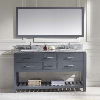 Virtu USA MD-2260-WMSQ-GR-012 Caroline Estate 60" Double Bath Vanity in Grey with Marble Top and Square Sink with Polished Chrome Faucet and Mirror