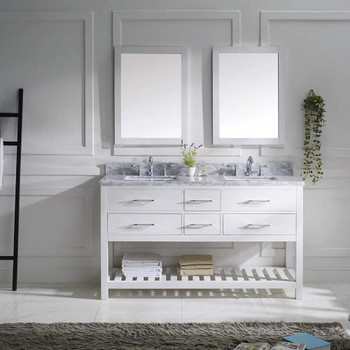 Virtu USA MD-2260-WMSQ-WH-001 Caroline Estate 60" Double Bath Vanity in White with Marble Top and Square Sink with Brushed Nickel Faucet and Mirrors