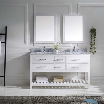 Virtu USA MD-2260-WMSQ-WH-002 Caroline Estate 60" Double Bath Vanity in White with Marble Top and Square Sink with Polished Chrome Faucet and Mirrors