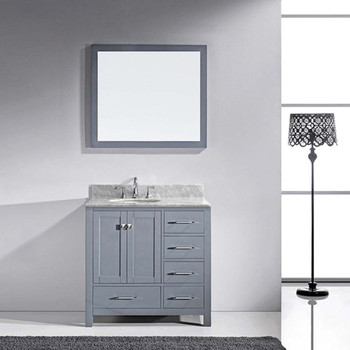 Virtu USA GS-50036-WMRO-GR-001 Caroline Avenue 36" Single Bath Vanity in Grey with Marble Top and Round Sink with Brushed Nickel Faucet and Mirror