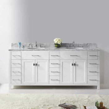 Virtu USA MD-2178-WMRO-WH-NM Caroline Parkway 78" Double Bath Vanity in White with Marble Top and Round Sink