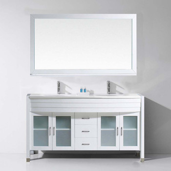 Virtu USA MD-499-S-WH-001 Ava 63" Double Bath Vanity in White with White Engineered Stone Top and Round Sink with Brushed Nickel Faucet and Mirror