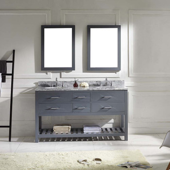 Virtu USA MD-2260-WMRO-GR-002 Caroline Estate 60" Double Bath Vanity in Grey with Marble Top and Round Sink with Polished Chrome Faucet and Mirrors