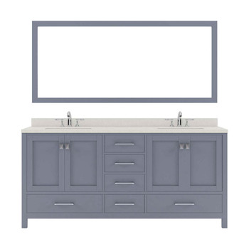 Virtu USA GD-50072-DWQSQ-GR-001 Caroline Avenue 72" Double Bath Vanity in Grey with Dazzle White Top and Square Sink with Brushed Nickel Faucet and Mirror