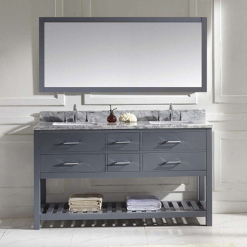 Virtu USA MD-2260-WMSQ-GR-010 Caroline Estate 60" Double Bath Vanity in Grey with Marble Top and Square Sink with Mirror