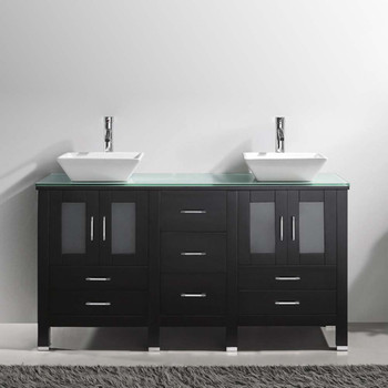 Virtu USA MD-4305-G-ES-NM Bradford 60" Double Bath Vanity in Espresso with Aqua Tempered Glass Top and Square Sink with Polished Chrome Faucet