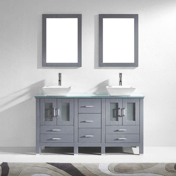 Virtu USA MD-4305-G-GR Bradford 60" Double Bath Vanity in Grey with Aqua Tempered Glass Top and Square Sink with Polished Chrome Faucet and Mirrors