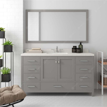 Virtu USA GS-50060-DWQRO-CG Caroline Avenue 60" Single Bath Vanity in Cashmere Grey with Dazzle White Top and Round Sink with Mirror