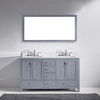 Virtu USA GD-50060-WMSQ-GR-001 Caroline Avenue 60" Double Bath Vanity in Grey with Marble Top and Square Sink with Brushed Nickel Faucet and Mirror