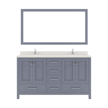 Virtu USA GD-50060-DWQSQ-GR-002 Caroline Avenue 60" Double Bath Vanity in Grey with Dazzle White Top and Square Sink with Polished Chrome Faucet and Mirror