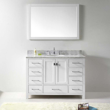 Virtu USA GS-50048-WMRO-WH-001 Caroline Avenue 48" Single Bath Vanity in White with Marble Top and Round Sink with Brushed Nickel Faucet and Mirror